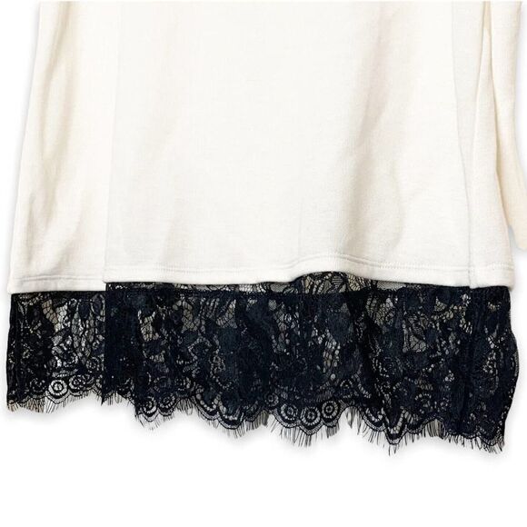 LOFT Outlet Light Sweater Winter White Cream Crew Neck Black Lace Hem Size Small - Picture 5 of 10